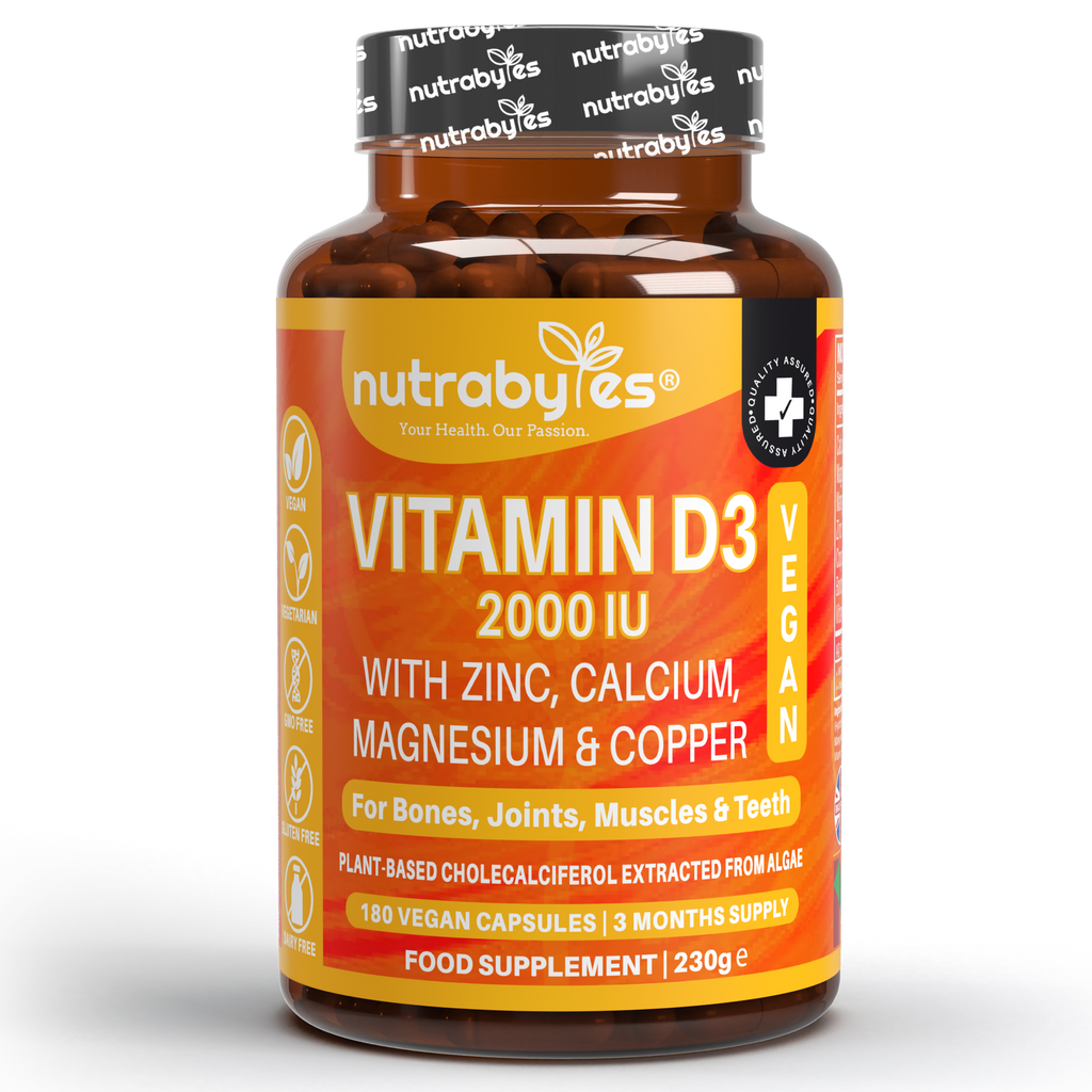 Vegan Vitamin D3 2000 IU with Calcium, Magnesium, Zinc & Copper | 180 capsules, 3 months supply | Made in the UK
