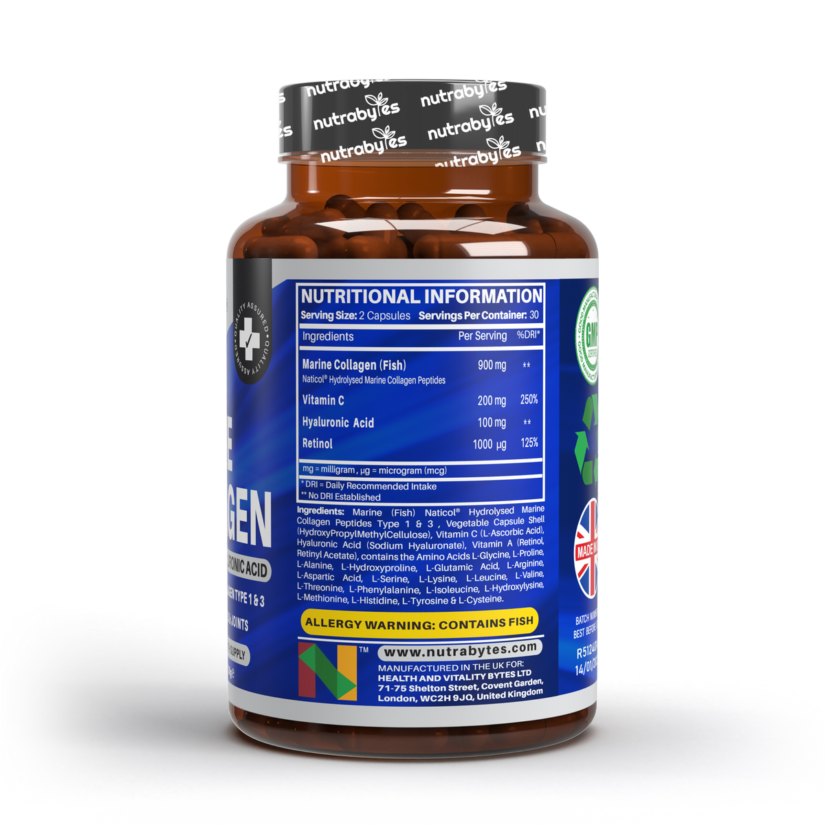 Ultimate Marine Collagen Capsules | High Strength Types I & III with Hyaluronic Acid, Vitamin C & Vitamin A | 60 Capsules, 1 Month Supply | UK Made