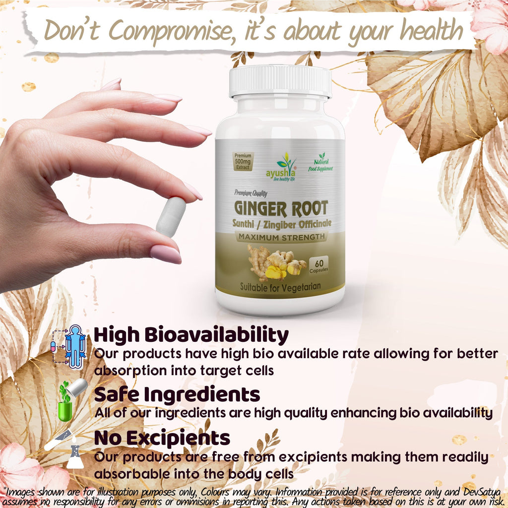 Ayushya Ginger Capsules (Adrak, Sunthi) Digestive Comfort Support - Vegan, Gluten Free, Non-GMO, 60 Capsules