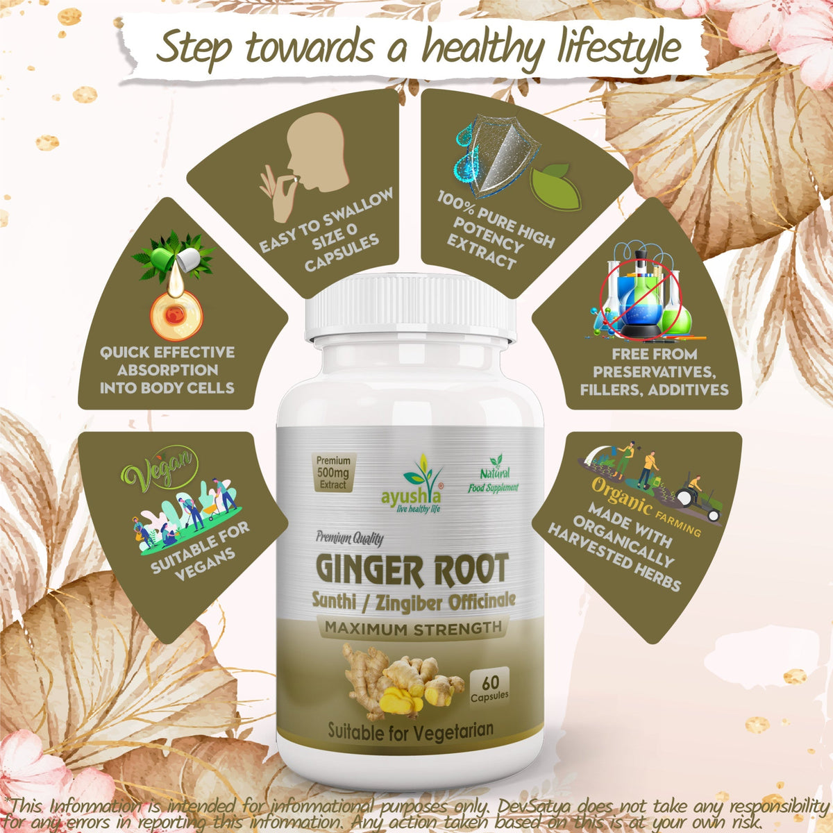 Ayushya Ginger Capsules (Adrak, Sunthi) Digestive Comfort Support - Vegan, Gluten Free, Non-GMO, 60 Capsules