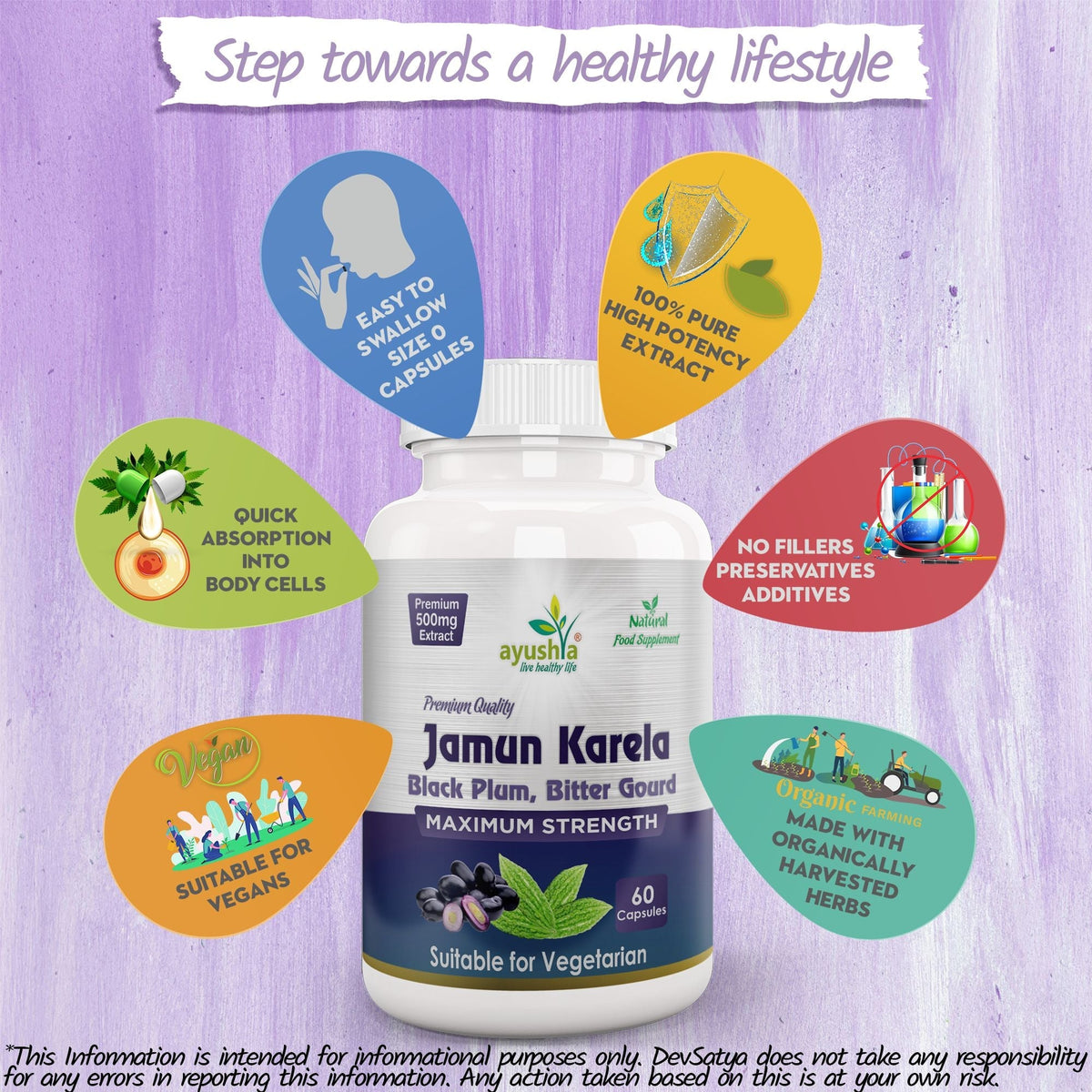 Ayushya Jamun Karela Neem Capsules Glucose Wellness Support - Vegan, Gluten Free, Non-GMO, 60 Capsules