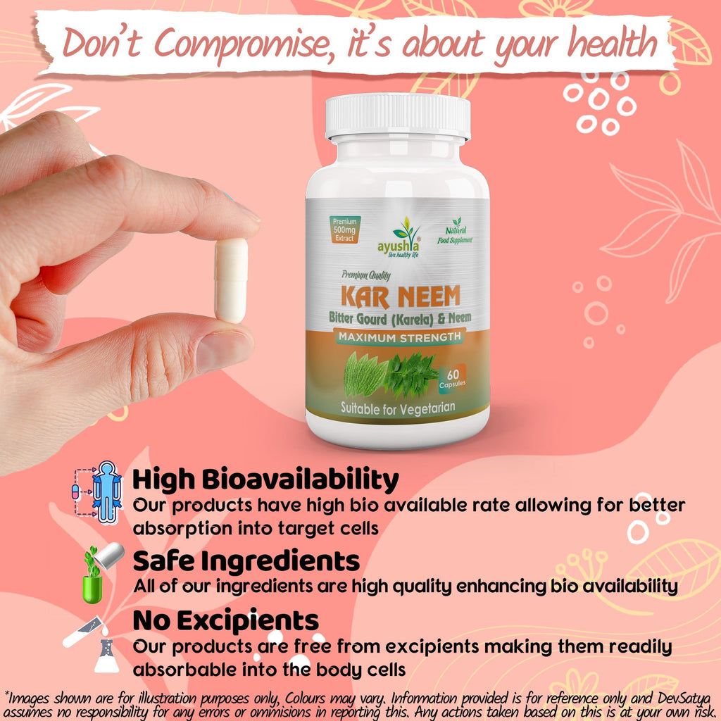 Ayushya KarNeem Capsules (Karela & Neem Blend) Glucose Wellness Support - Vegan, Gluten Free, Non-GMO, 60 Capsules