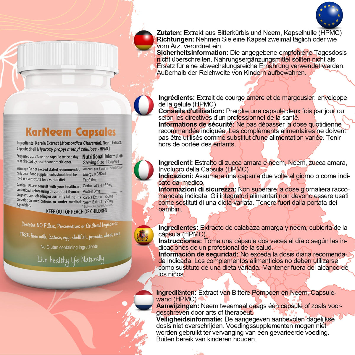Ayushya KarNeem Capsules (Karela & Neem Blend) Glucose Wellness Support - Vegan, Gluten Free, Non-GMO, 60 Capsules