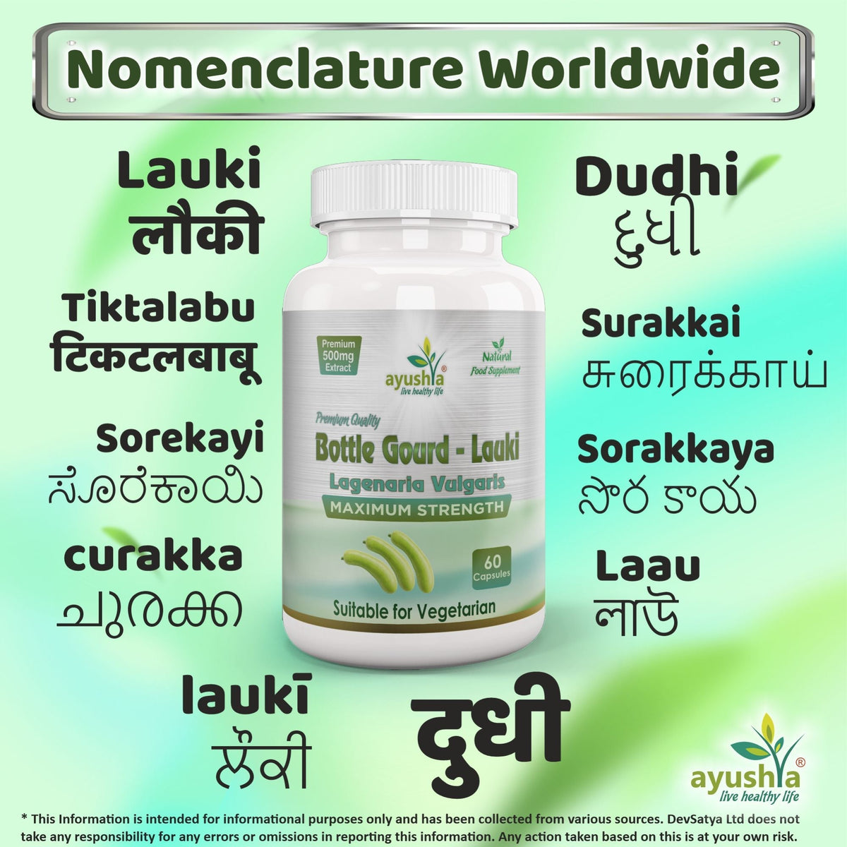 Ayushya Lauki (Bottle Gourd, Calabase) Capsules Cooling Balance & Wellness Support - Vegan, Gluten Free, Non-GMO, 60 Capsules