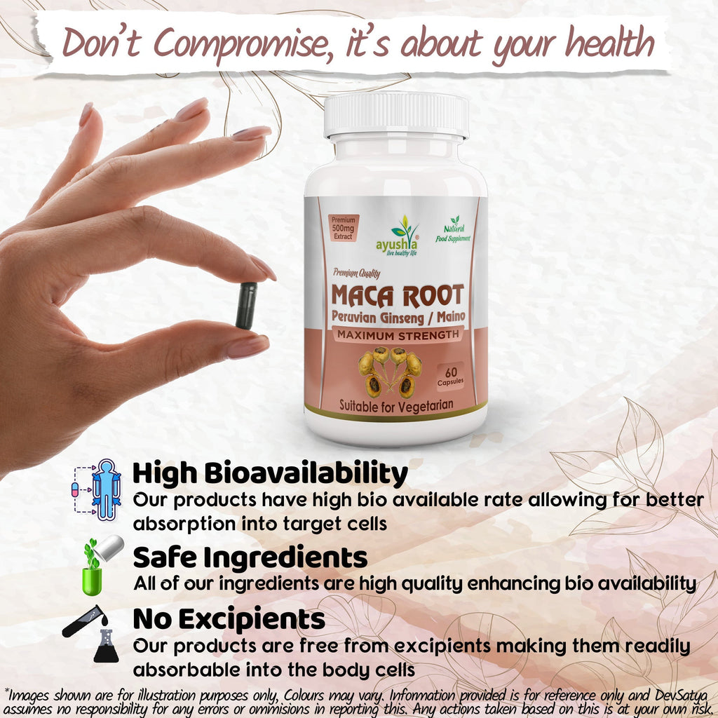 Ayushya Maca Root Capsules (Peruvian Ginseng) Energy & Stamina Support - Vegan, Gluten Free, Non-GMO, 60 Capsules