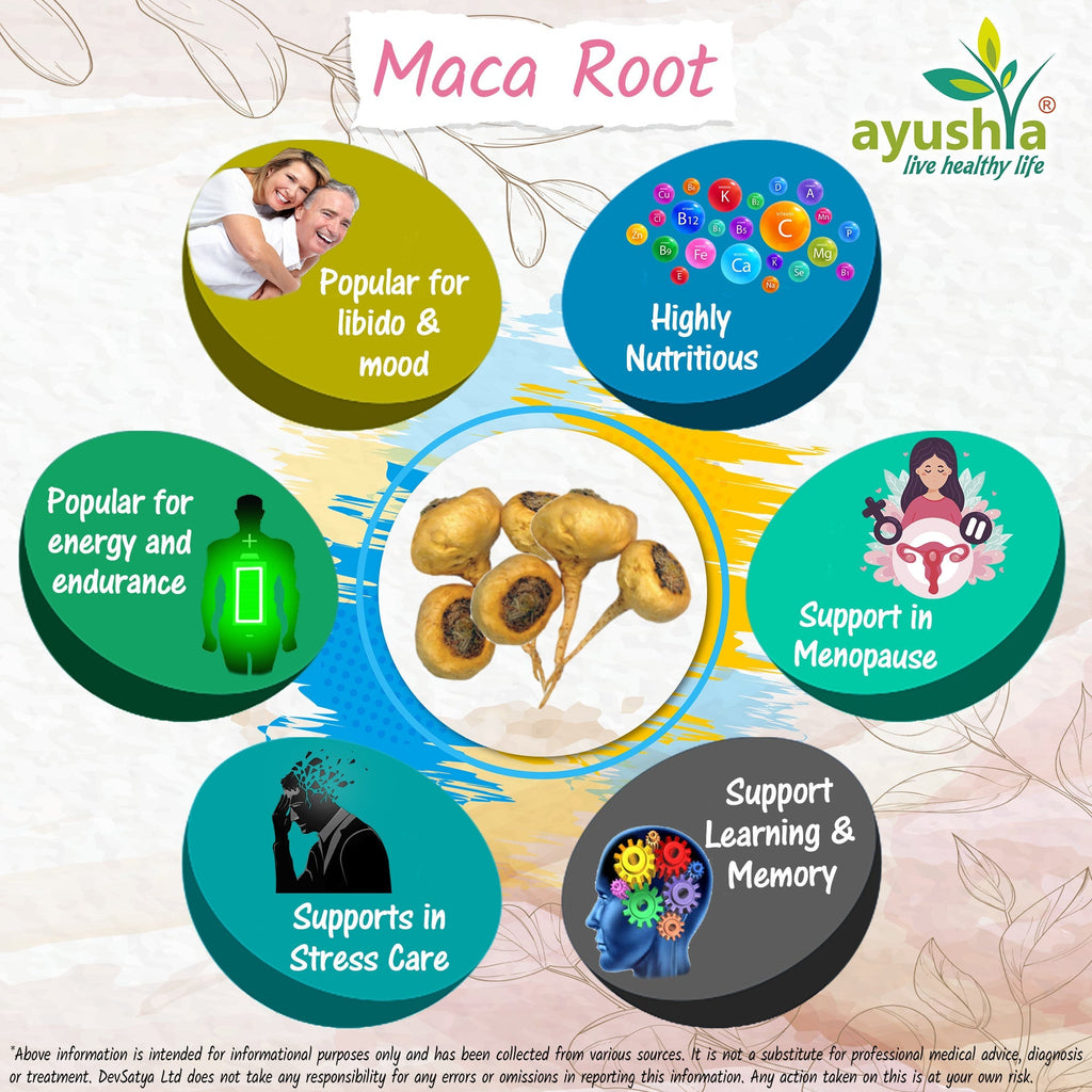 Ayushya Maca Root Capsules (Peruvian Ginseng) Energy & Stamina Support - Vegan, Gluten Free, Non-GMO, 60 Capsules