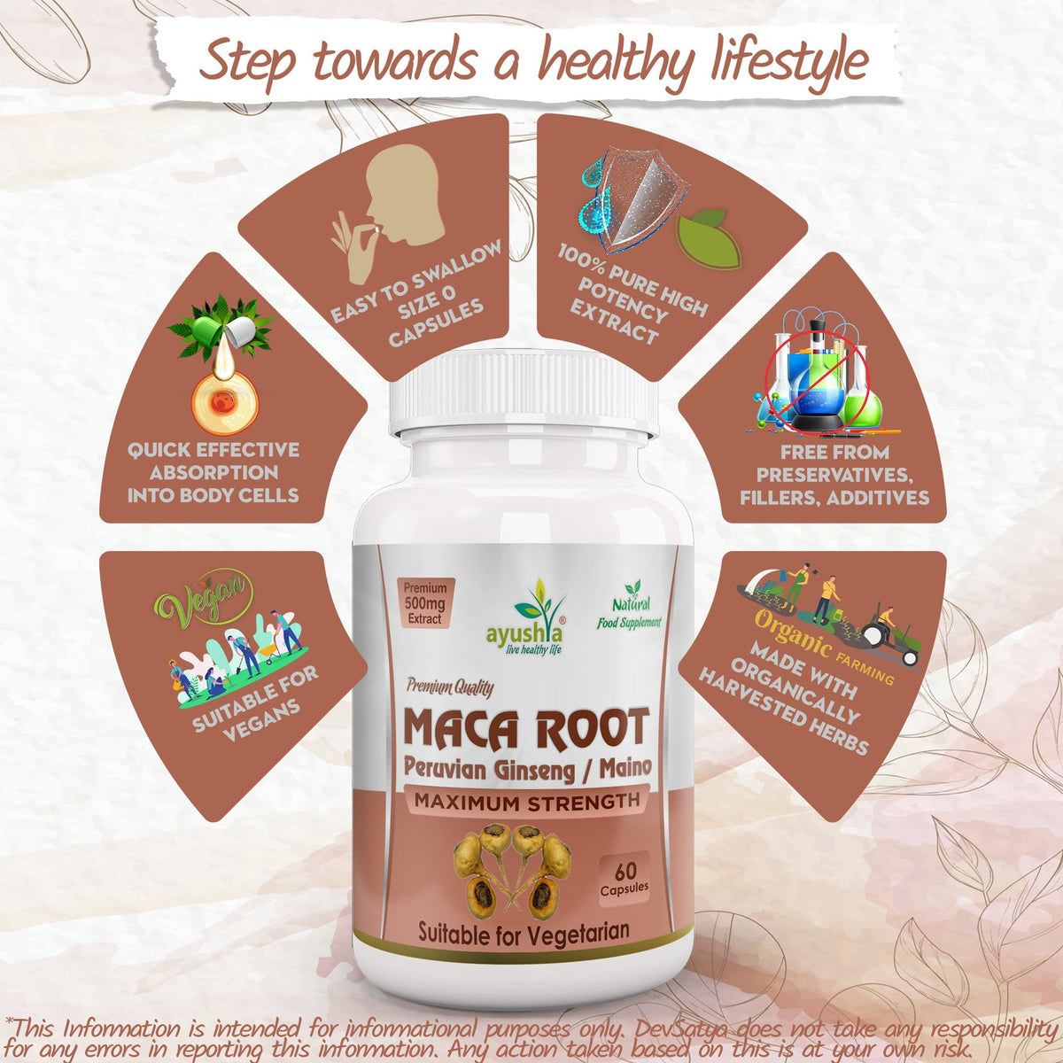 Ayushya Maca Root Capsules (Peruvian Ginseng) Energy & Stamina Support - Vegan, Gluten Free, Non-GMO, 60 Capsules
