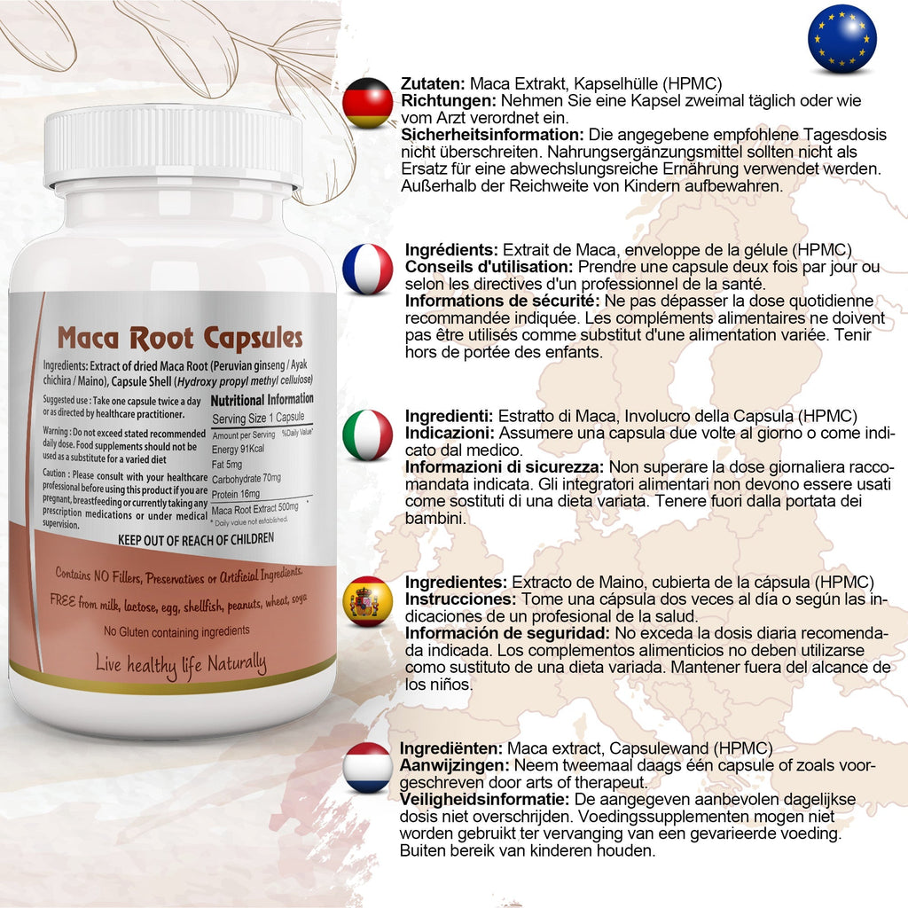 Ayushya Maca Root Capsules (Peruvian Ginseng) Energy & Stamina Support - Vegan, Gluten Free, Non-GMO, 60 Capsules