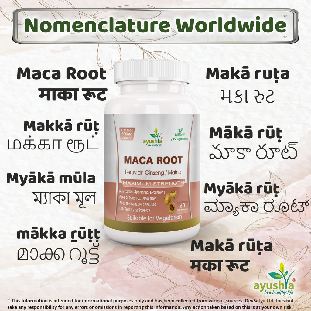 Ayushya Maca Root Capsules (Peruvian Ginseng) Energy & Stamina Support - Vegan, Gluten Free, Non-GMO, 60 Capsules