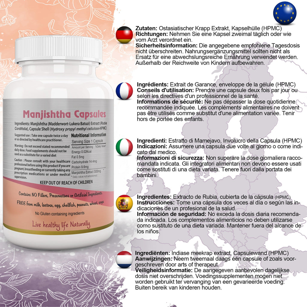 Ayushya Manjistha with Sarsaparilla Capsules (Indian Madder) Skin Clarity Support - Vegan, Gluten Free, Non-GMO, 60 Capsules