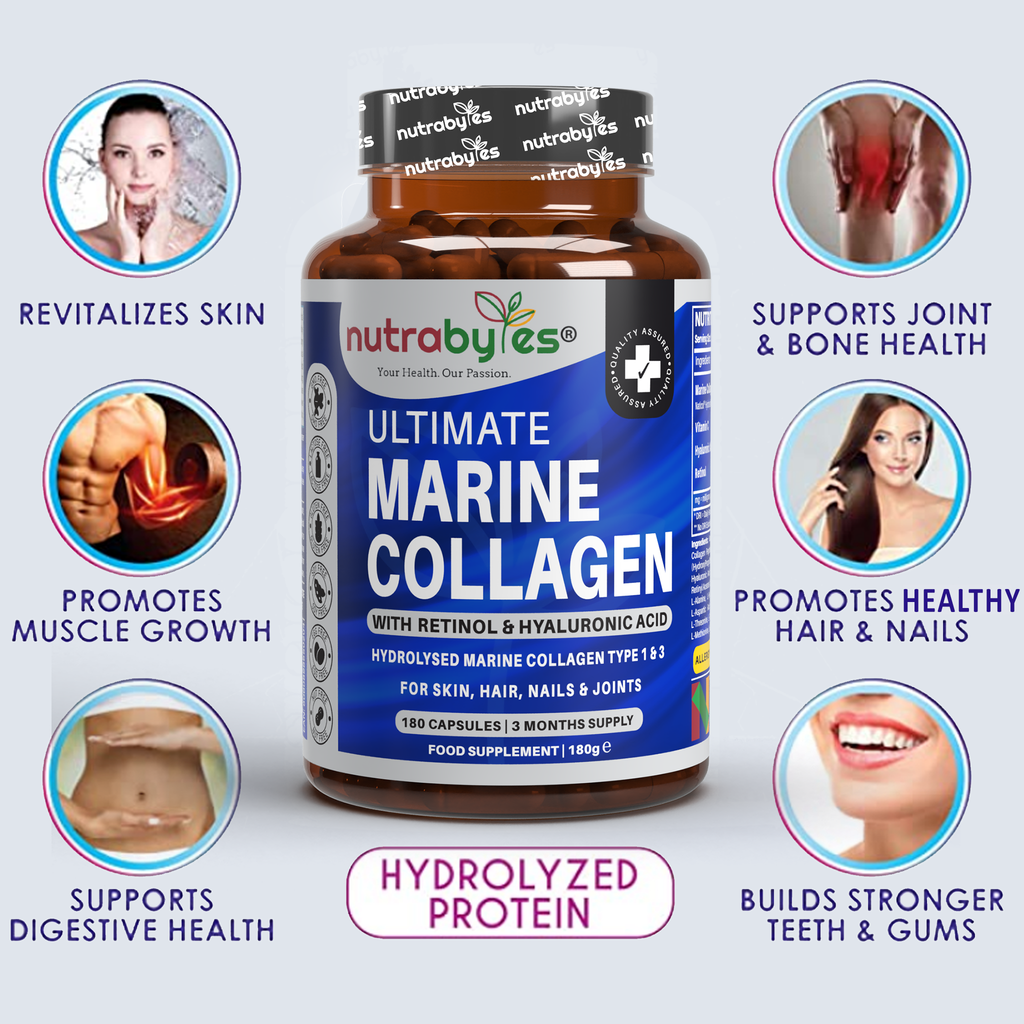 Ultimate Marine Collagen Capsules | High Strength Types I & III with Hyaluronic Acid, Vitamin C & Vitamin A | 180 Capsules, 3 Month Supply | UK Made