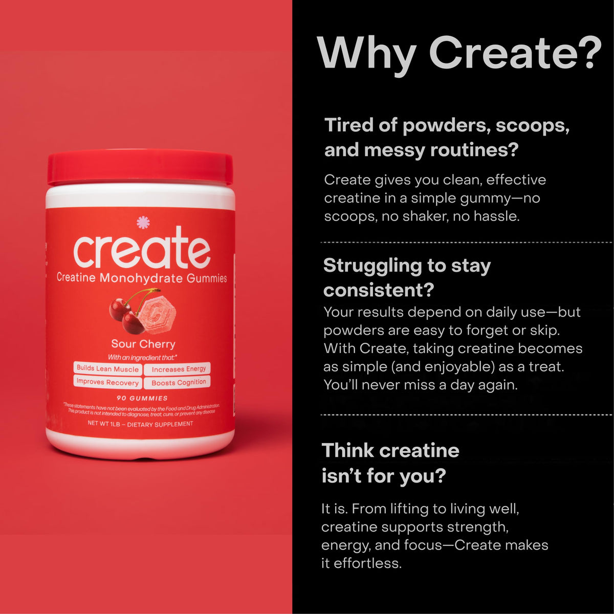 Create Creatine Monohydrate Gummies – 1.5g Per Gummy, Sour Cherry, Vegan, Gluten‑Free