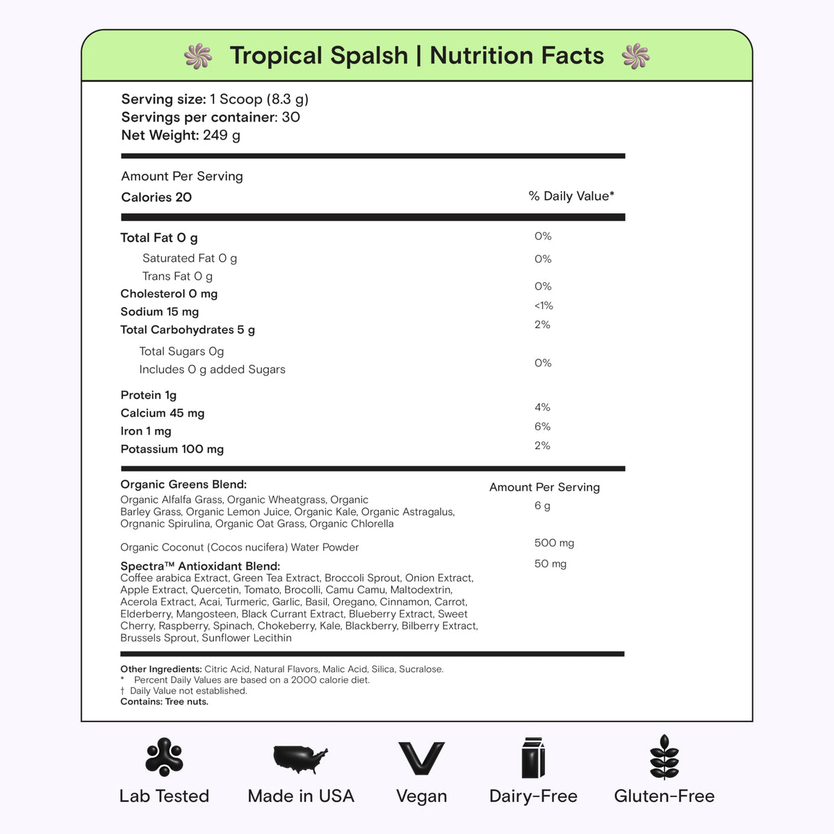 Kiala Nutrition Super Greens — Organic Greens Powder with Spectra Blend, Tropical Splash, 30 Servings