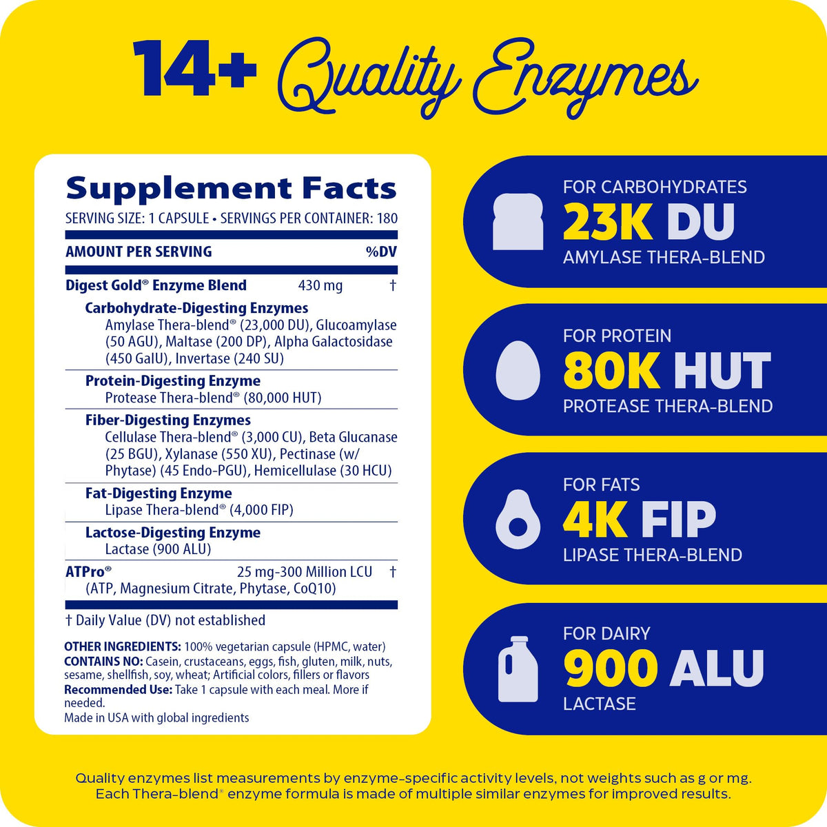 Enzymedica Digest Gold + ATPro — Maximum Strength Enzyme Formula, 14 Enzymes, 180 Capsules