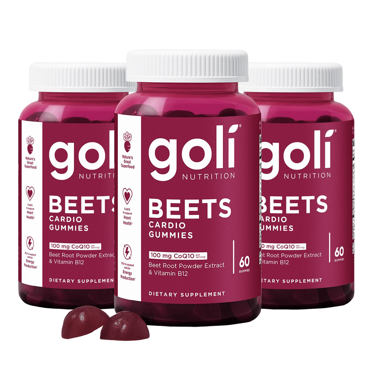 Goli Beets Cardio Gummies with CoQ10 & Vitamin B12 – Beetroot Extract for Cardiovascular Wellness – Vegan, Non-GMO, Gluten-Free – 60 Count (3 Pack)
