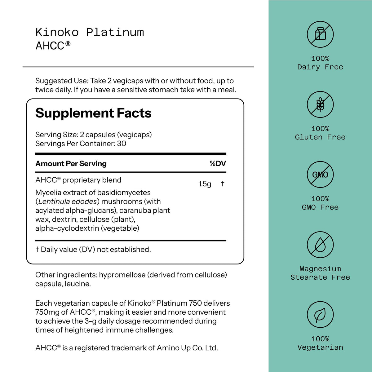 Quality of Life Kinoko Platinum AHCC 750mg – Immune Support & NK Cell Activity | 60 Veggie Capsules