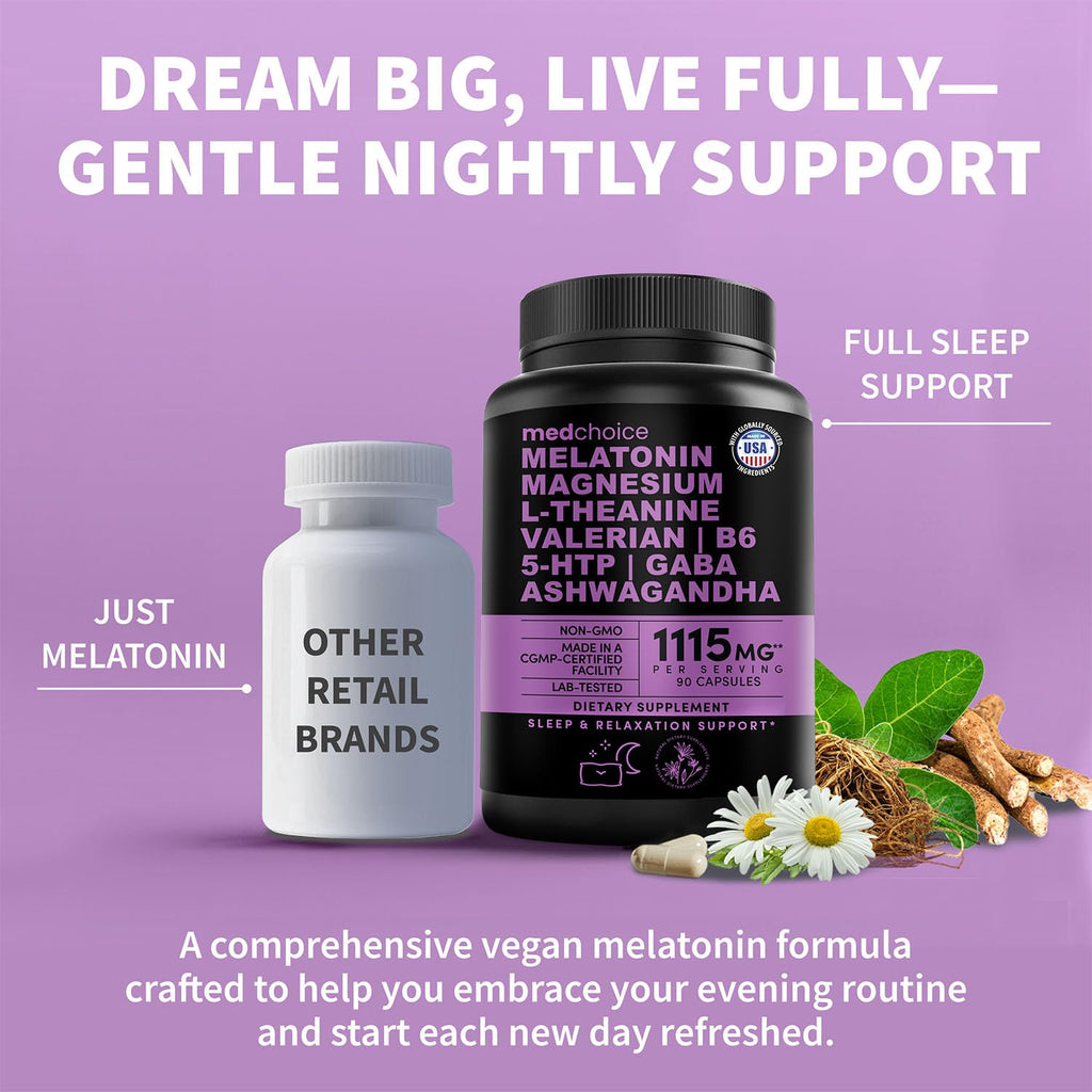 MEDCHOICE 12-in-1 Melatonin Sleep Capsules – 5mg Melatonin + Magnesium Glycinate 500mg (90ct, Pack of 4)