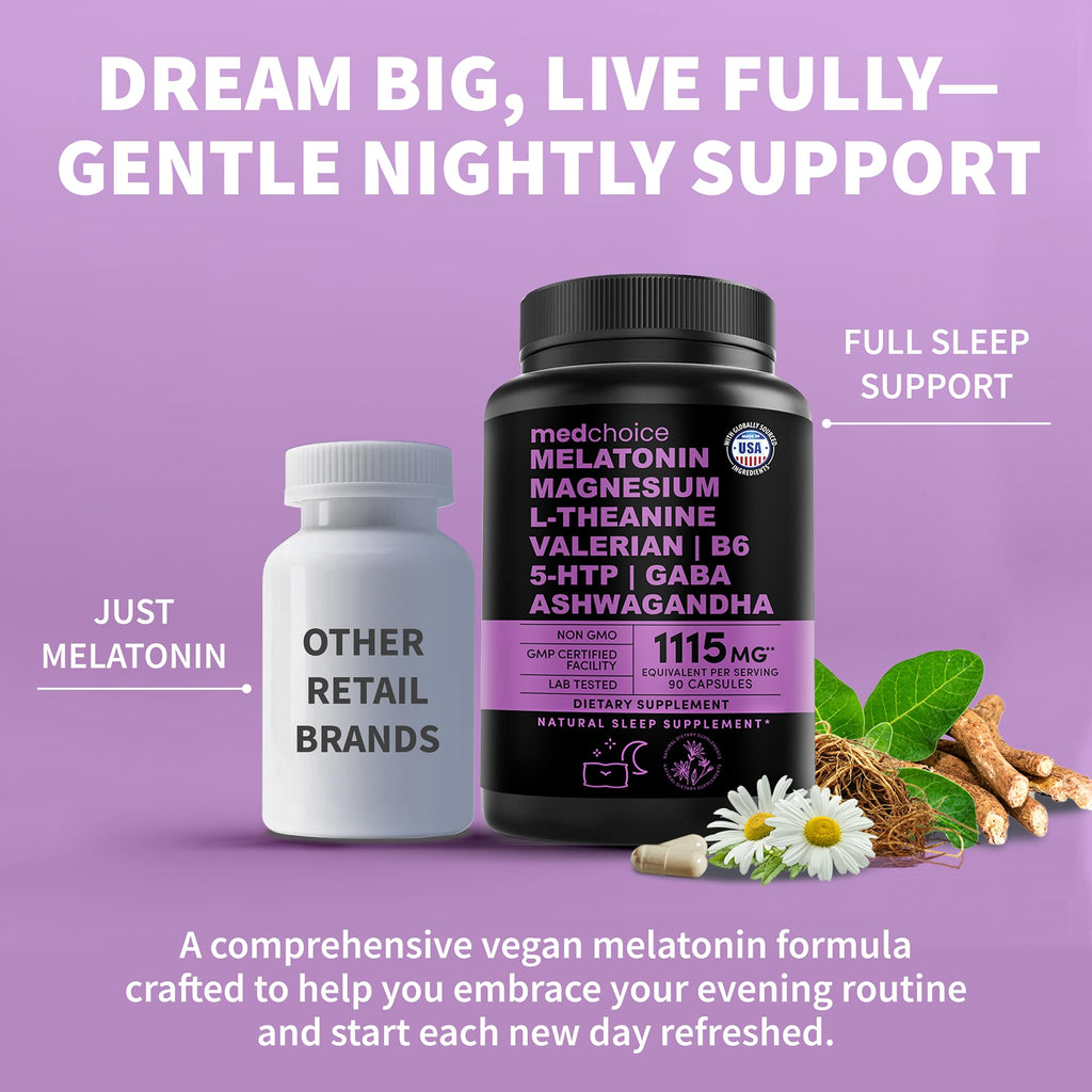MEDCHOICE 12-in-1 Melatonin Sleep Capsules – 5mg Melatonin + Magnesium Glycinate 500mg (90ct, Pack of 4)