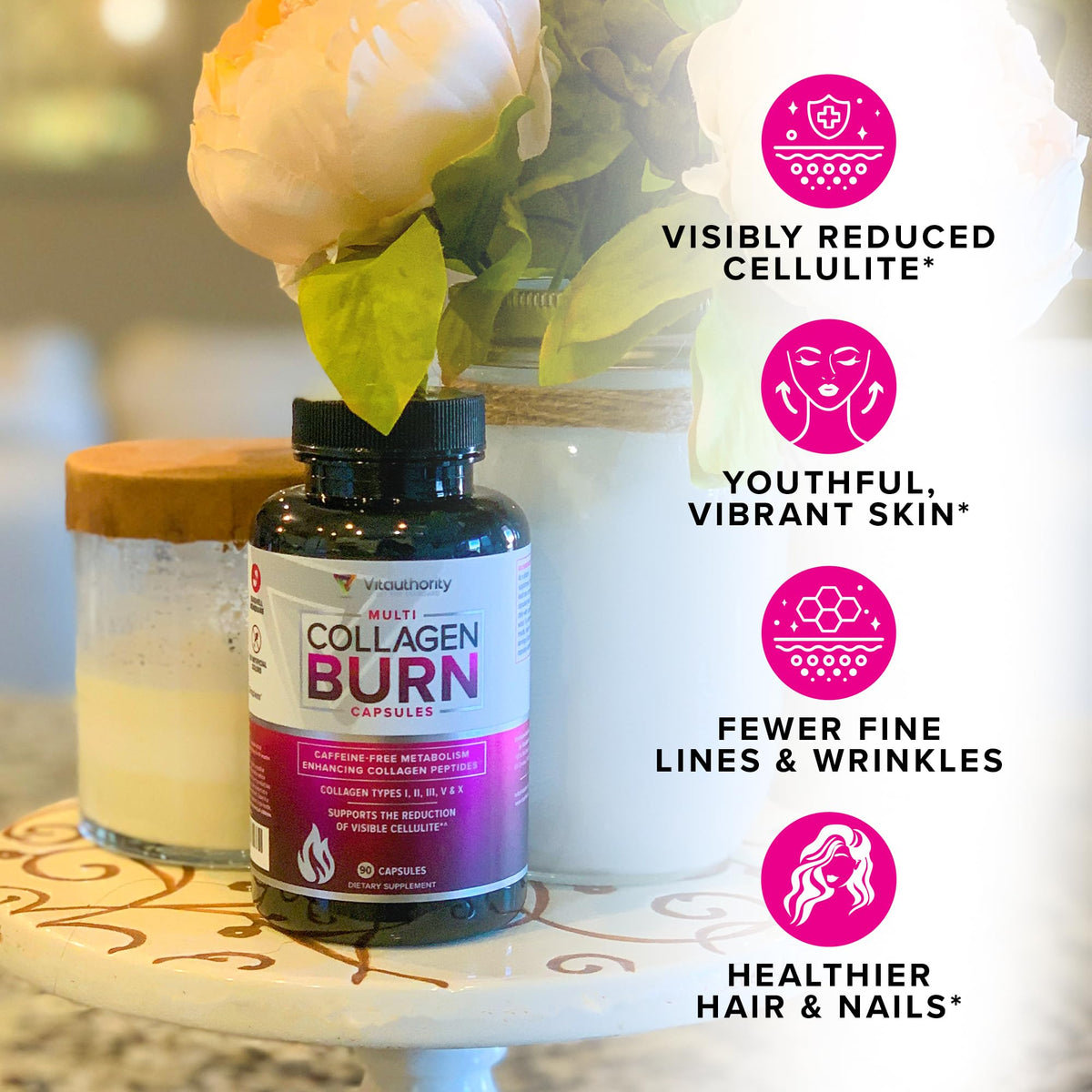 Vitauthority Multi Collagen Burn – 5 Types, Hyaluronic Acid, Vitamin C | Caffeine-Free Capsules