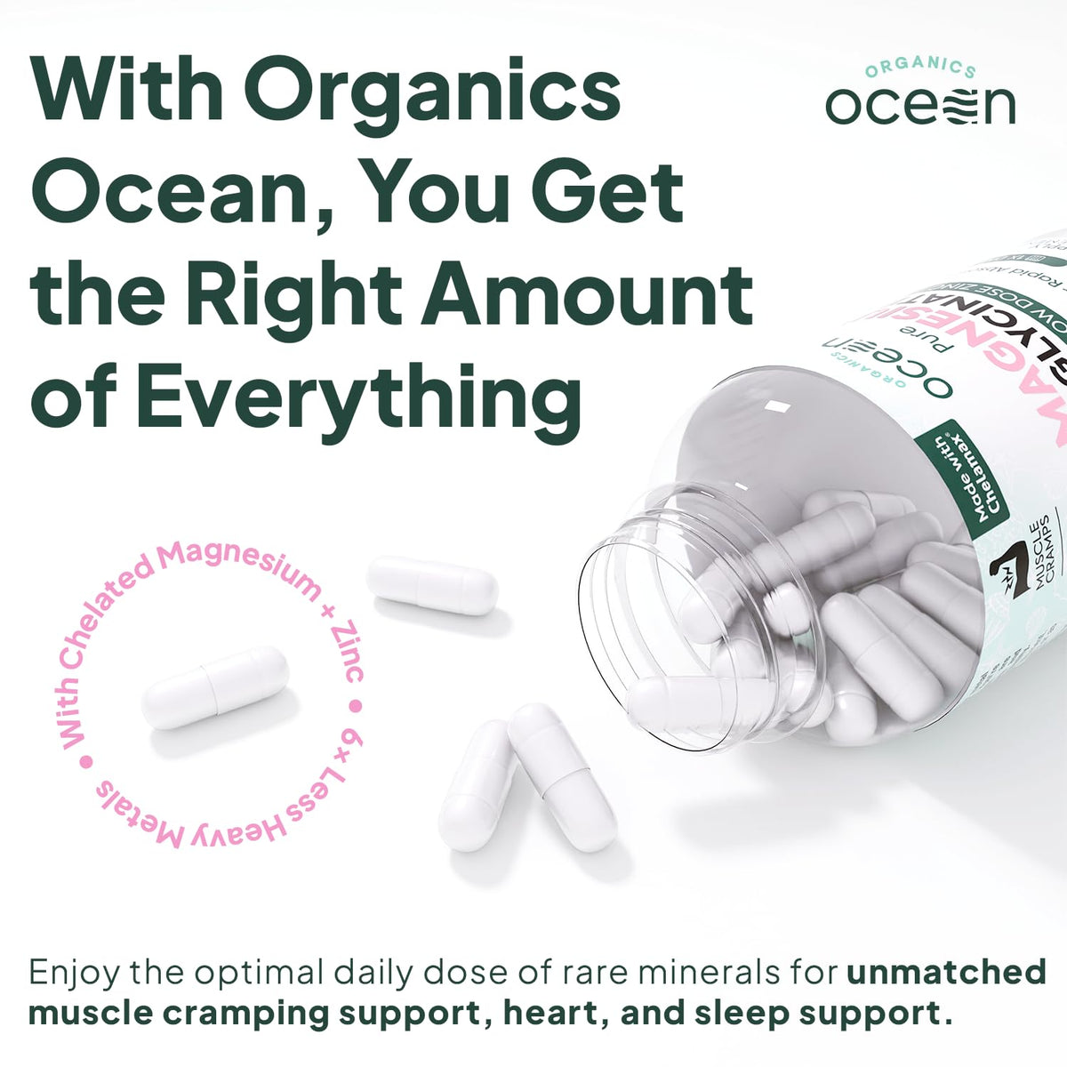 Organics Ocean Magnesium Glycinate with Zinc – Maximum Strength Chelated Magnesium for Sleep Support, Muscle Cramps & Heart Health – 3 Bottles