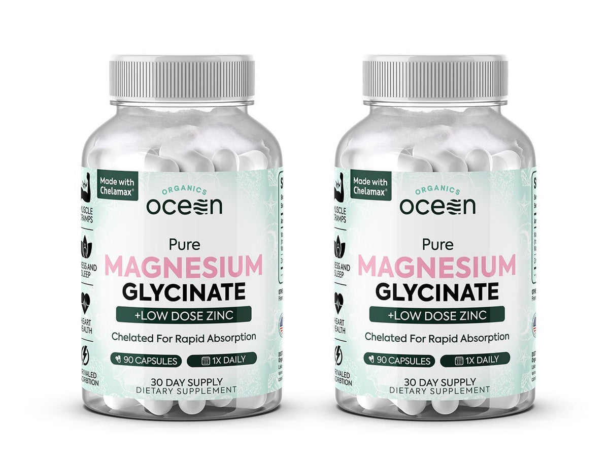 Organics Ocean Magnesium Glycinate with Zinc - Maximum Strength Chelated Magnesium for Sleep & Muscle Cramps - 2 Bottles