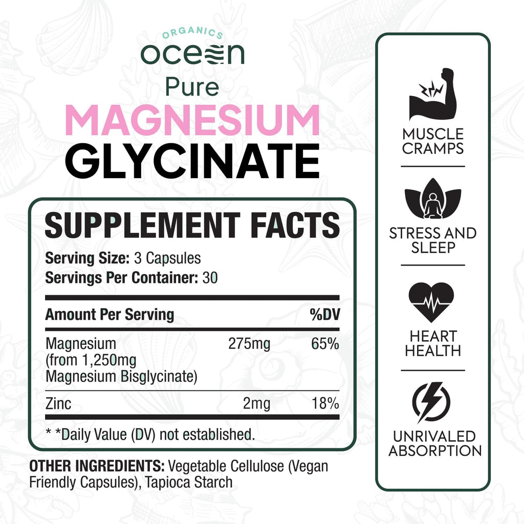 Organics Ocean Magnesium Glycinate with Zinc - Maximum Strength Chelated Magnesium for Sleep & Muscle Cramps - 2 Bottles