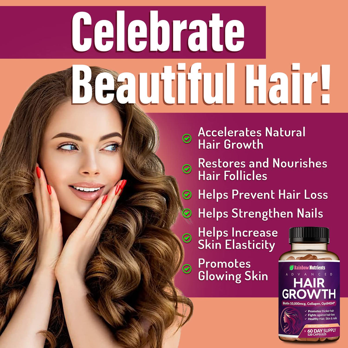 Rainbow Nutrients Hair Growth Vitamins for Women – 2 Pack with Biotin 10,000 mcg, Collagen, OptiMSM, Saw Palmetto