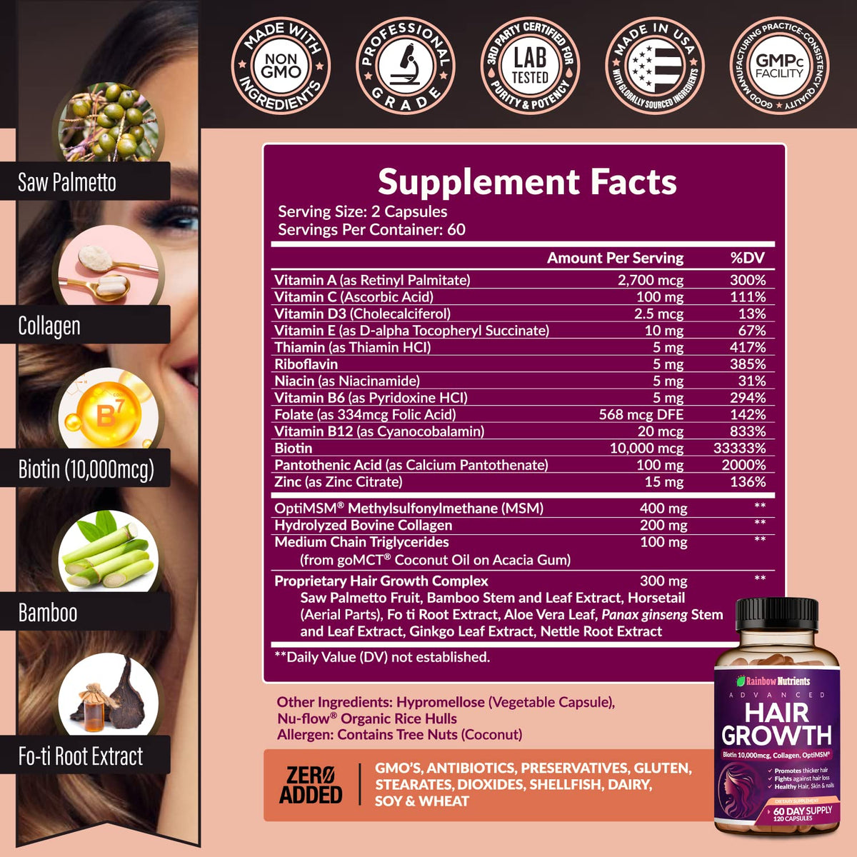 Rainbow Nutrients Hair Growth Vitamins for Women – 2 Pack with Biotin 10,000 mcg, Collagen, OptiMSM, Saw Palmetto