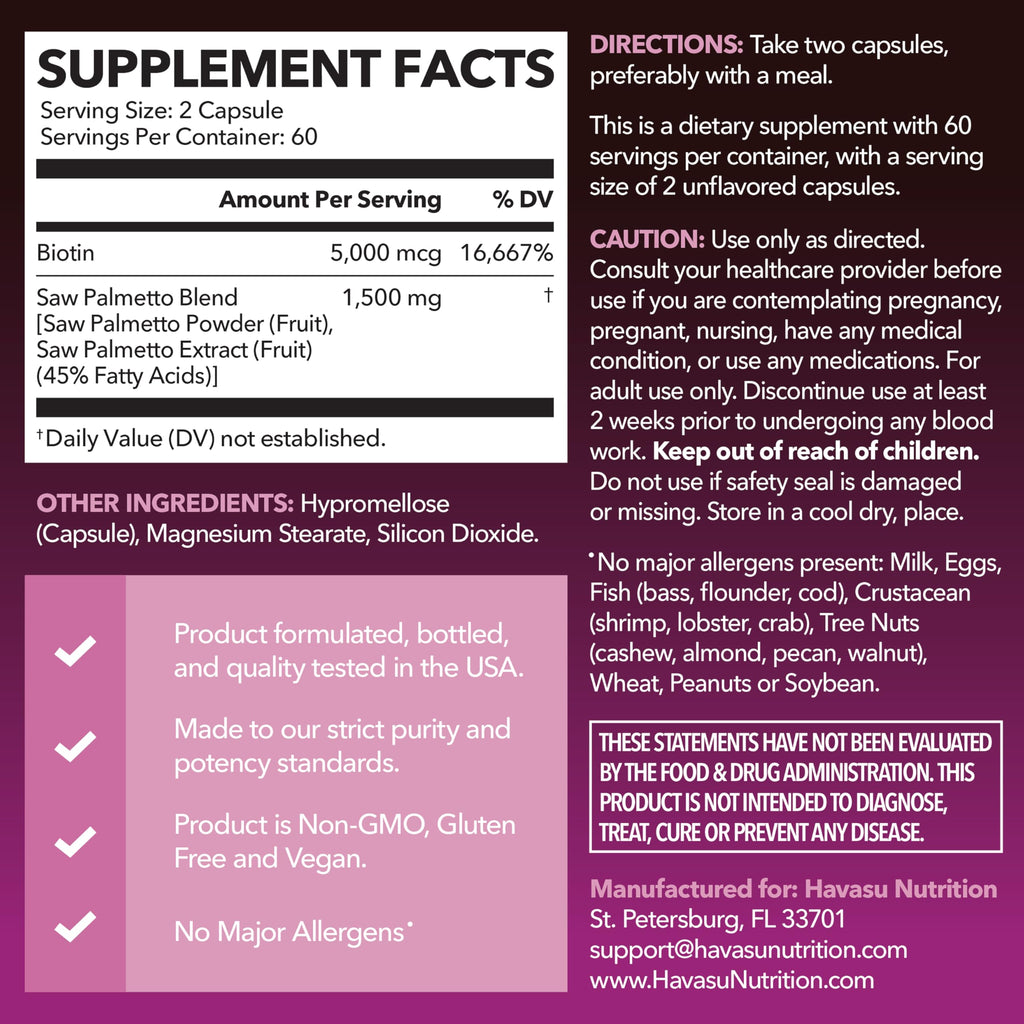 HAVASU Nutrition Saw Palmetto with Biotin 5000mcg - Vegan, Non-GMO DHT Support for Hair, Skin & Nails - 120 Count