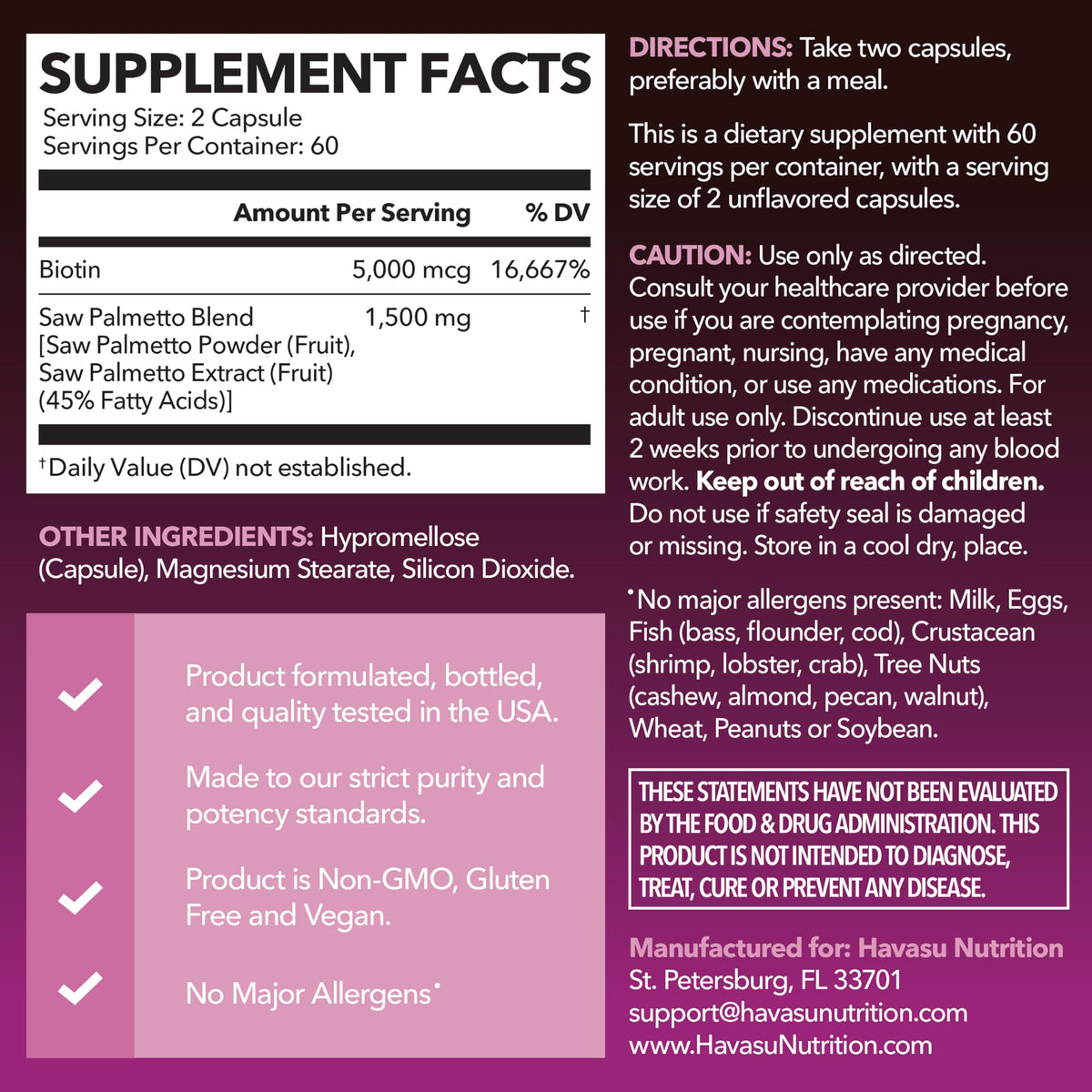 HAVASU Nutrition Saw Palmetto with Biotin 5000mcg - Vegan, Non-GMO DHT Support for Hair, Skin & Nails - 120 Count