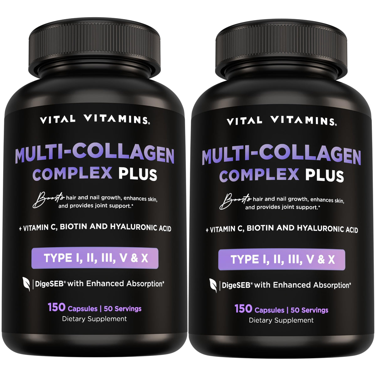 Vital Vitamins Multi Collagen Plus (2-Pack) – Biotin, Hyaluronic Acid & Vitamin C for Hair, Skin, Nails | Type I–X Collagen (Women & Men)