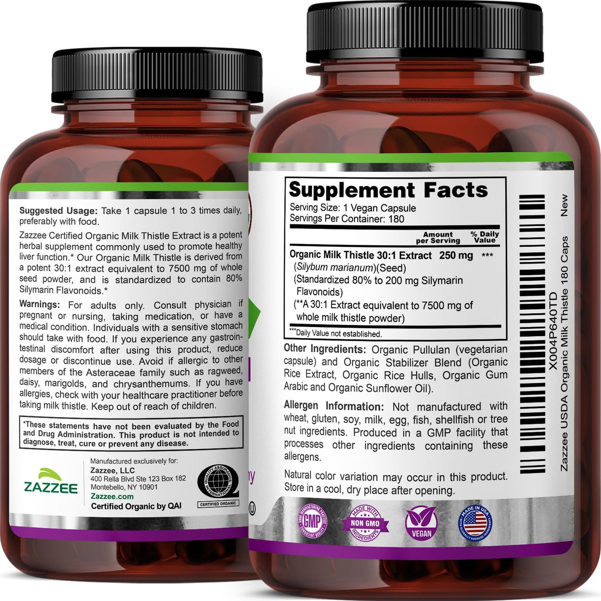 Zazzee USDA Organic Milk Thistle 30:1 Extract – 7500 mg per Capsule, 180 Vegan Capsules, 80% Silymarin, USA Made